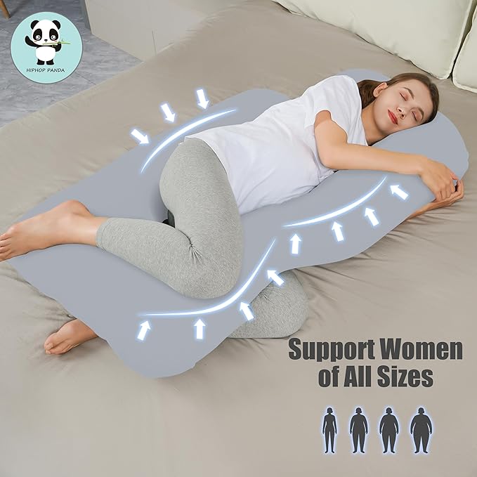 HIPHOP PANDA U-Shaped Pregnancy Pillow for Sleeping - Full Body Maternity Support Pillow with Cooling Removable Cover - Comfort for Back, HIPS, Legs, Belly - 57 Inch for Pregnant Women, Light Grey
