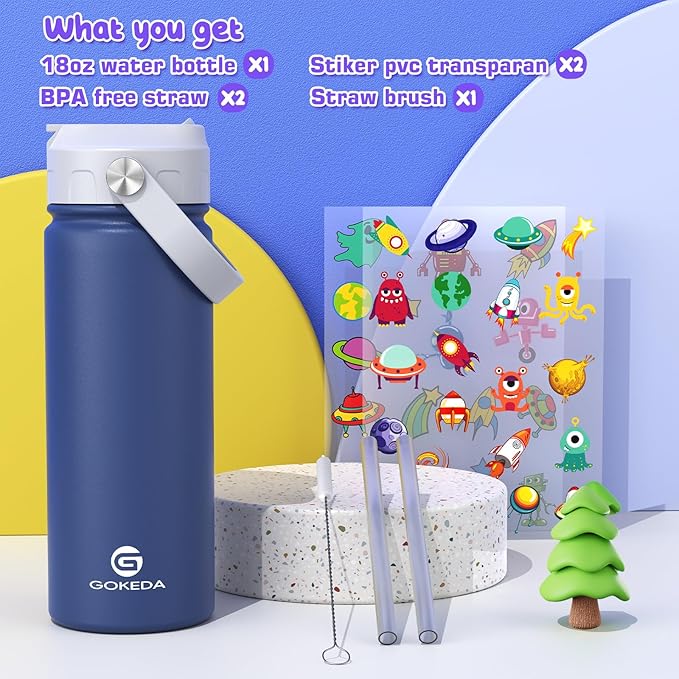 GoKEDA 18oz Kids Water Bottle, Insulated Water Bottles with Stickers, 18/8 Stainless Steel Vacuum Leak Proof Straw Cup for School, Gifts for Boys(Dark Blue)