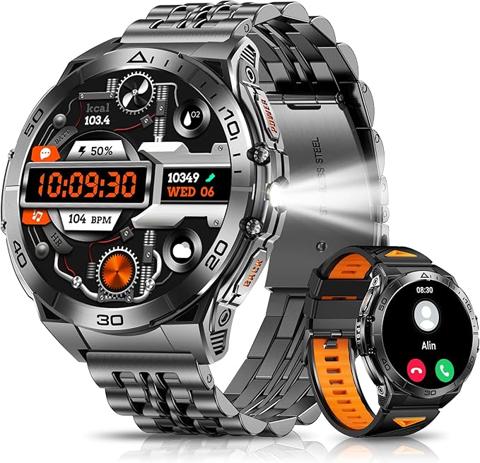 Military Smart Watches for Men with Bluetooth Call, 1.6" AMOLED Waterproof Smartwatch with Flashlight, 116 Sport Modes, 600mAh Heart Rate/SpO2/Sleep Monitor Fitness Tracker for Android iOS