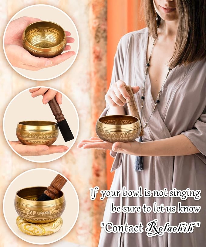 2-Pack Tibetan Singing Bowls Set - 100% Handmade in Nepal, Sound Bowl Meditation Set for Yoga, Chakra Healing, Meditation Gifts, Unique Gifts for Women (Yellow, 3.15 + 4 inch)
