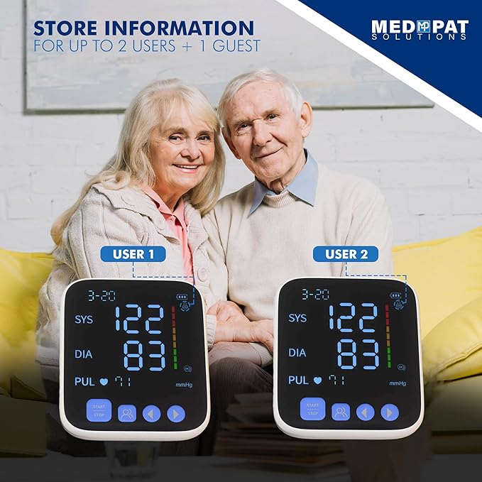 Med-Pat BP-S Arm Blood Pressure Monitor - 4.7" HD LCD Screen - 2 Users x 300 Memories Plus Guest Mode - Irregular Heartbeat Detection - Hold Still Indicator - FSA/HSA Approved - Portable Square Design