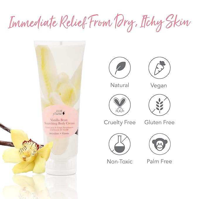 100% PURE Nourishing Body Cream Vanilla Bean Lotion Luxurious Dry Skin Hydration & Replenishment Natural Anti-Aging Moisturizer & Skincare for All Skin Types Women & Men - Vegan - 8 oz