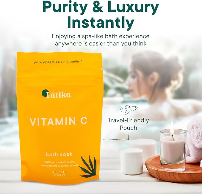 Latika Soaks Set of 3 - Vitamin C Bath Soaks with Sweet Orange and Geranium Rose - Moisturizing Epsom Salt Soaks for Stress Relief, Detox, and Antioxidant Skincare - at Home Spa Retreat