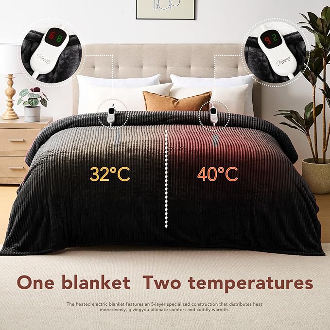 Homemate Electric Heated Blanket King Size - 100"x90" Heating Blanket King Size Dual Control 1/2/4/6/8 Hours Auto-Off 10 Heat Level Over-Heat Protection Soft Flannel Sherpa ETL Certification