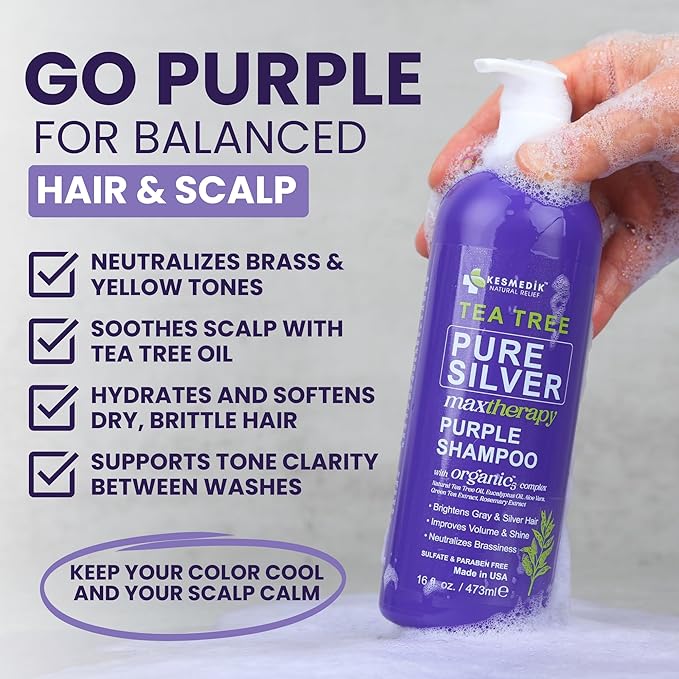 Professional Purple Shampoo with Tea Tree Oil for Silver & Gray Hair, Anti-Brass Toner, Neutralizes Yellow Tones, Revitalizes Color & Relieves Itchy Scalp,16 fl oz