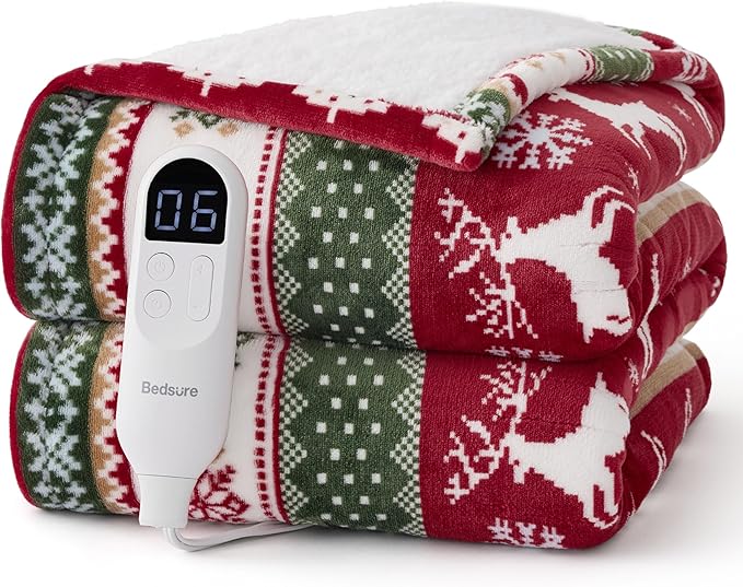 Bedsure Christmas Electric Blanket Twin - Soft Flannel Sherpa Heated Blanket with Fair Isle, Heating with 6 Heating Levels, 10 Time Settings and 8-Hour Auto-Off, Gifts for Grandma (62x84 inches)
