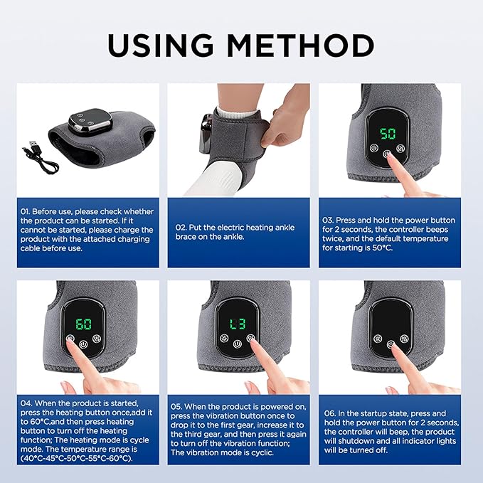 Emesak Portable 3-in-1 Foot and Ankle Massager with Heat, USB Rechargeable Ankle Heating Pad, 5 Heat Levels, 3 Vibration Modes for Home/Office/Travel