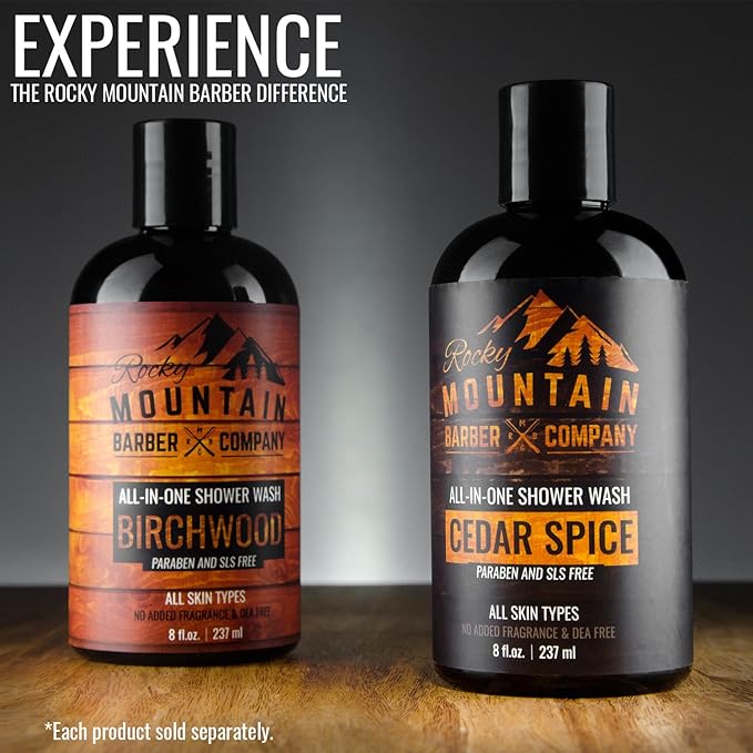 Rocky Mountain Barber Company Birchwood All-In-One Body Wash – Shampoo, Body Wash, Conditioner, Face Wash & Beard Wash with Essential Oils - 8 oz