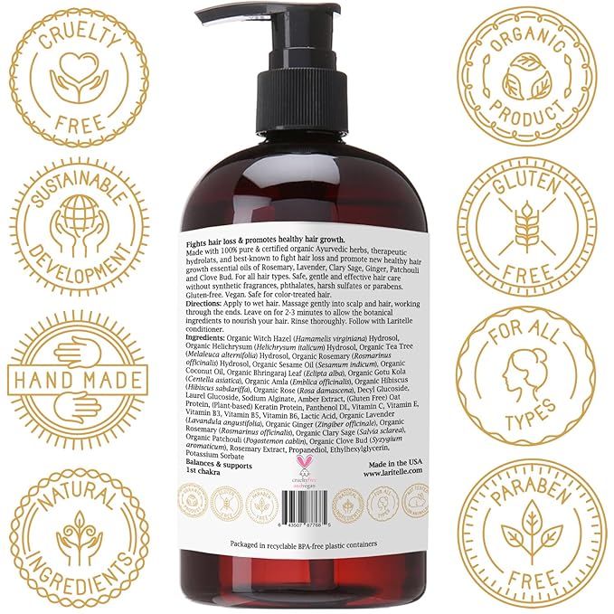 Laritelle Organic Hair Growth Shampoo 17.5 oz – Fortifying & Strengthening with Ayurvedic Herbs, Lavender, Ginger, Rosemary, Patchouli, Clove – Reduces Shedding, Promotes Growth – Vegan, Made in USA