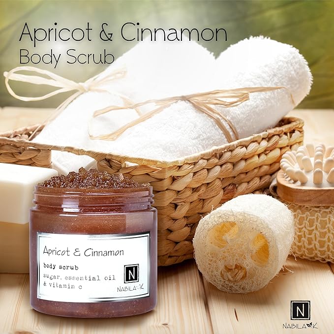 Apricot & Cinnamon Body Scrub Made in USA with Essential Oil and Vitamin C by Nabila K - Exfoliate and Moisturize for Smooth Skin - Luxury for Women & Men, 3 oz