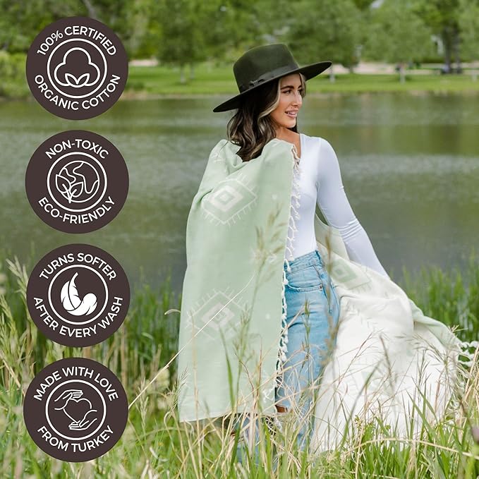 FESHKA Sand Proof Turkish Beach Towel – Oversized, Quick Dry & Lightweight Travel Towel - 100% Organic Cotton Beach Blanket - Perfect for Bath, Pool & Picnic | Cat Eye (Light Green)