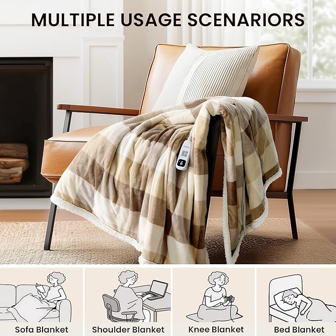 Heated Blanket Electric Throw-50''x60''Ultra Soft Cozy Plaid Flannel Fast Heating Electric Blanket with 10 Heat Levels & 10 Hours Auto Off, ETL Certified, Keep Warm in Couch Bed Office(Khaki)
