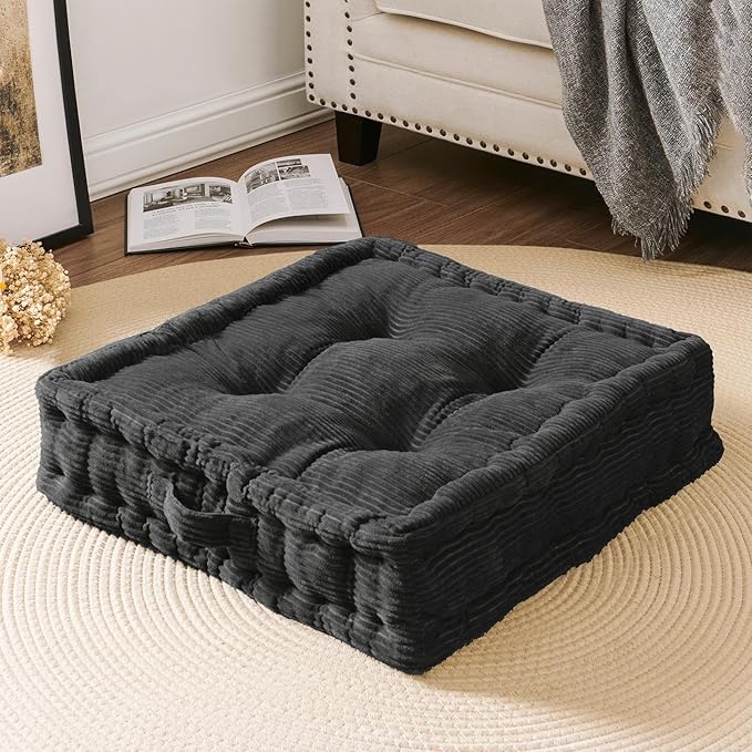 Square Floor Pillows for Adults Kids - Meditation Floor Pillow Seating Cushion - Tufted Floor Cushion with Shredded Foam & Velvet Cover, 1 Pack, 20x20 Inch, Gray