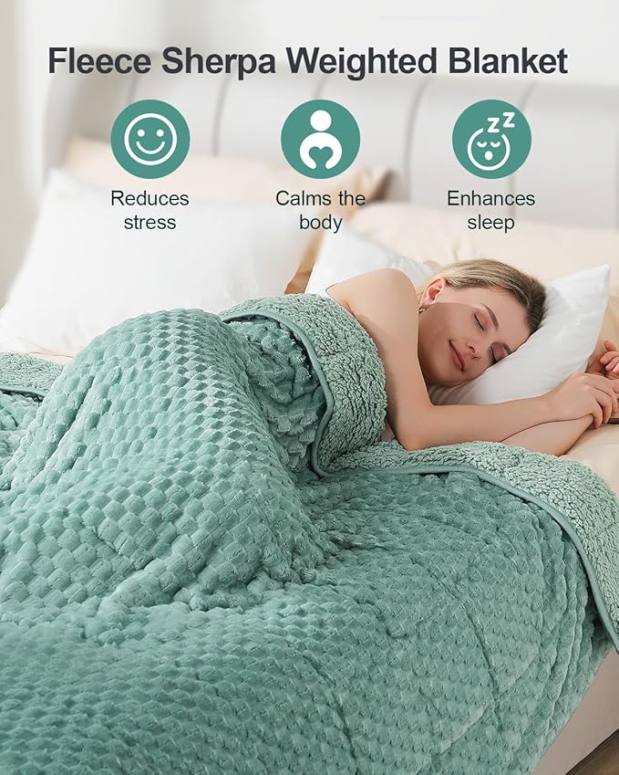 Super Soft Luxury Fleece Sherpa Weighted Blanket 15 lbs for Adults, Turtle Shell Fuzzy Cozy Warm Weighted Throw for Winter, Ceramic Beads Washable Heavy Blankets for Couch Bed, Sage Green, 48" x 72"