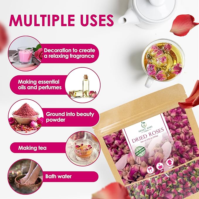 Nhat Anh Farm - Premium Dried Rose Buds - 3.5oz (100g) Dried Rose Buds Natural & Pure, Sugar/Caffeine/Gluten Free - For Making Tea