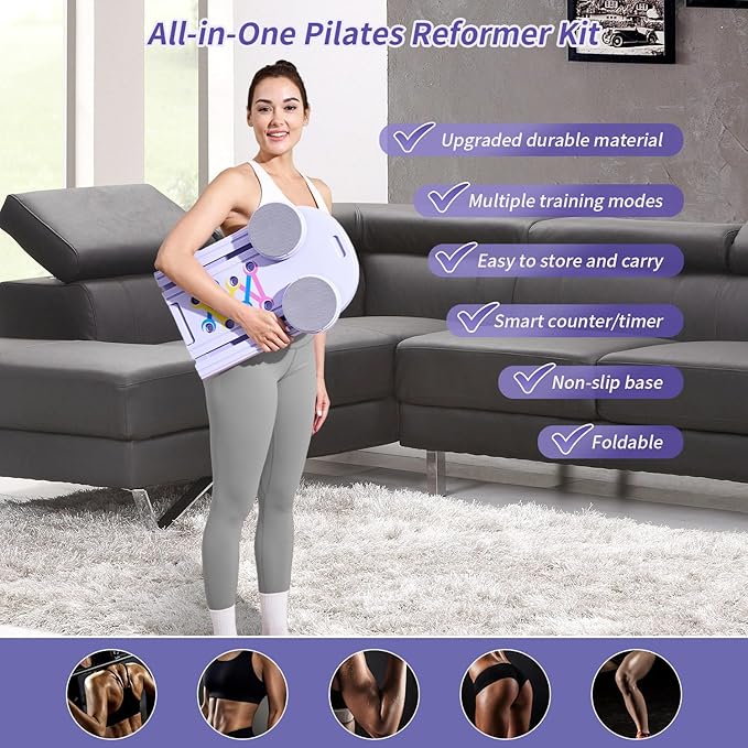 Pilates Board Reformer Premium 15-in-1 Upgraded Foldable - Portable Home Gym Digital Display, Resistance Bands,Balance Board and Timer - Ideal for Abs, Core and Full-Body Workout for Women