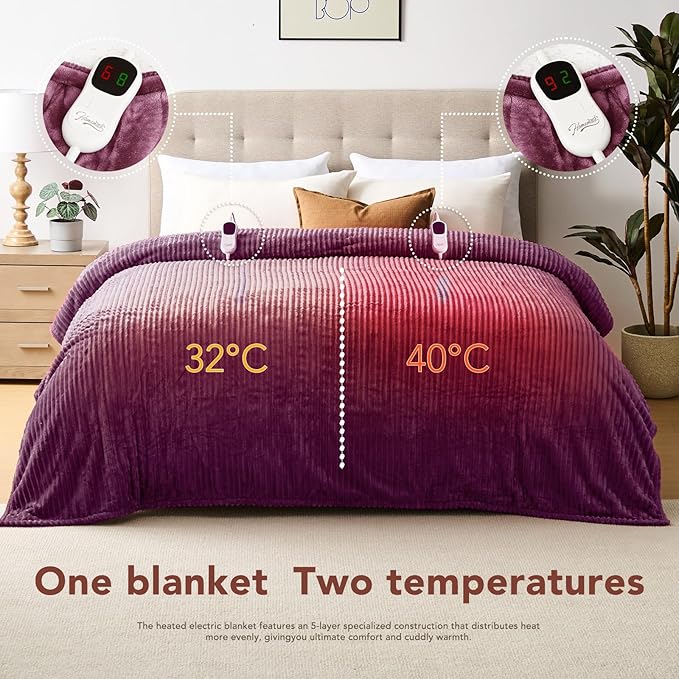 Homemate Electric Heated Blanket Queen Size - 84"x90" Heating Blanket Queen Size Dual Control 1/2/4/6/8 Hours Auto-Off 10 Heat Level Over-Heat Protection Soft Flannel Sherpa ETL Certification