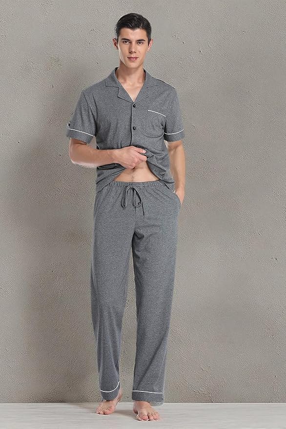 COLORFULLEAF Men's 100% Cotton Pajamas Set Button Down Sleepwear Short Sleeve and Long Pants Pjs