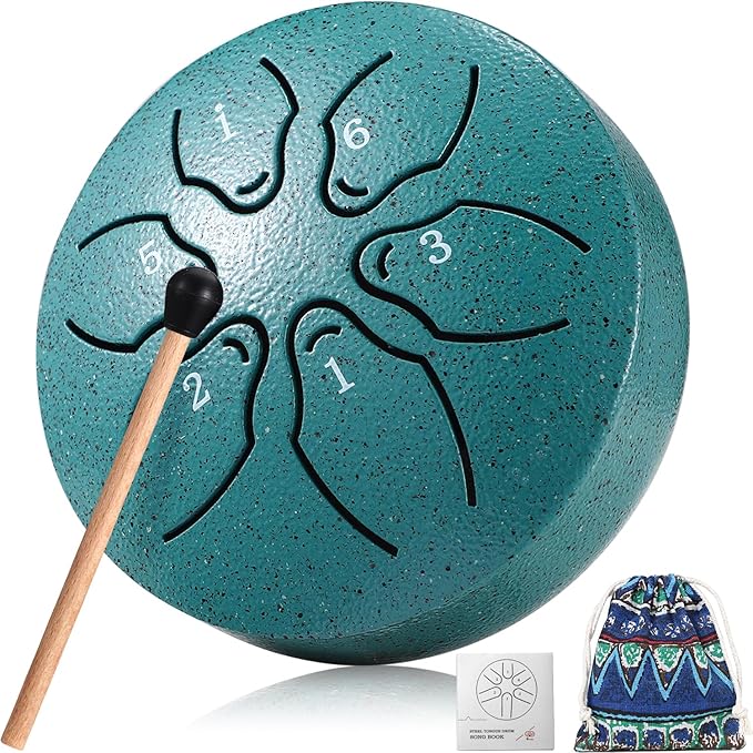Facmogu Steel Tongue Drum Rain Chime, 3 Inch 6 Note Rain Drum for Outside, Chakra Drum for Outside Garden, Mini Hand Drum with Bag, Meditation Yoga Zen Gift for Beginner Adult - Green(Bowling Pattern)