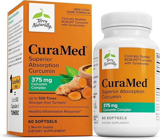 Terry Naturally CuraMed 375mg - Antioxidant Supplement for Brain & Immune Health Support - Dietary Supplement with Curcumin & Turmeric Essential Oil - Herbal Liver Support - 60 Softgels