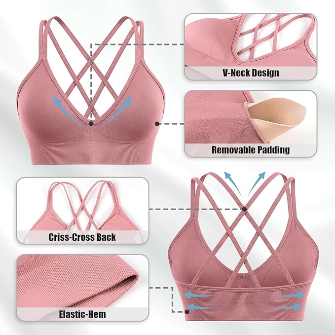 Sports Bra for Women V-Neck Strappy Criss Cross Yoga Bra Padded Medium Support Workout Gym Athletic Fitness Bras 3 Pack