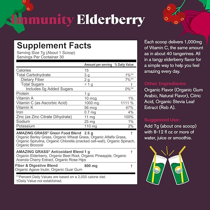 Amazing Grass Greens Blend Superfood for Immune Support: Super Greens Powder Smoothie Mix with Organic Spirulina, Chlorella, Beet Root Powder, Digestive Enzymes & Probiotics, Elderberry, 30 Servings