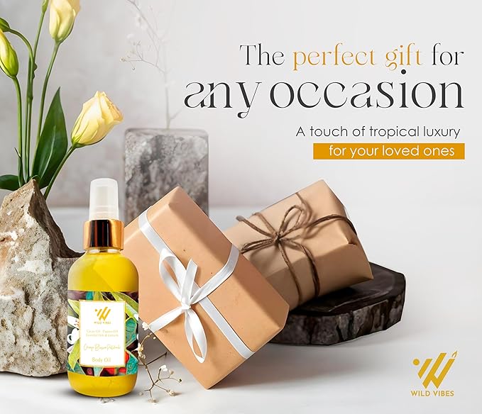 Wild Vibes Orange Blossom Patchouli Organic Luxury Body Oil with Tropical Oils & Lupin Extract – Fast Absorbing Oil for Skin with Floral Scent – After Shower Care for Women 4 oz
