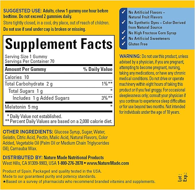 Nature Made Melatonin 5mg Adult Melatonin Gummies, 100% Drug Free Sleep Aid, 70 Gummies, Extra Strength