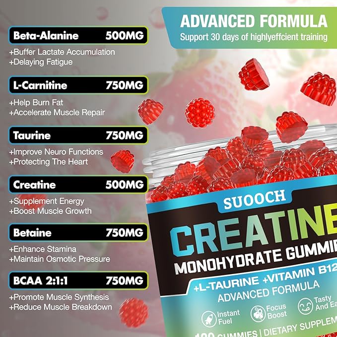 Creatine Gummies for Men & Women, 120 Count Raspberry Flavor Creatine Monohydrate Gummies, Creatine Monohydrate Supplement for Exercise, Fitness, Training, Work & Travel - Delicious, Portable