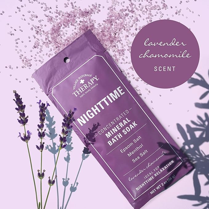 Village Naturals Therapy Nighttime Concentrated Mineral Bath Soak, Lavender Chamomile Scent, 2 oz, Pack of 12