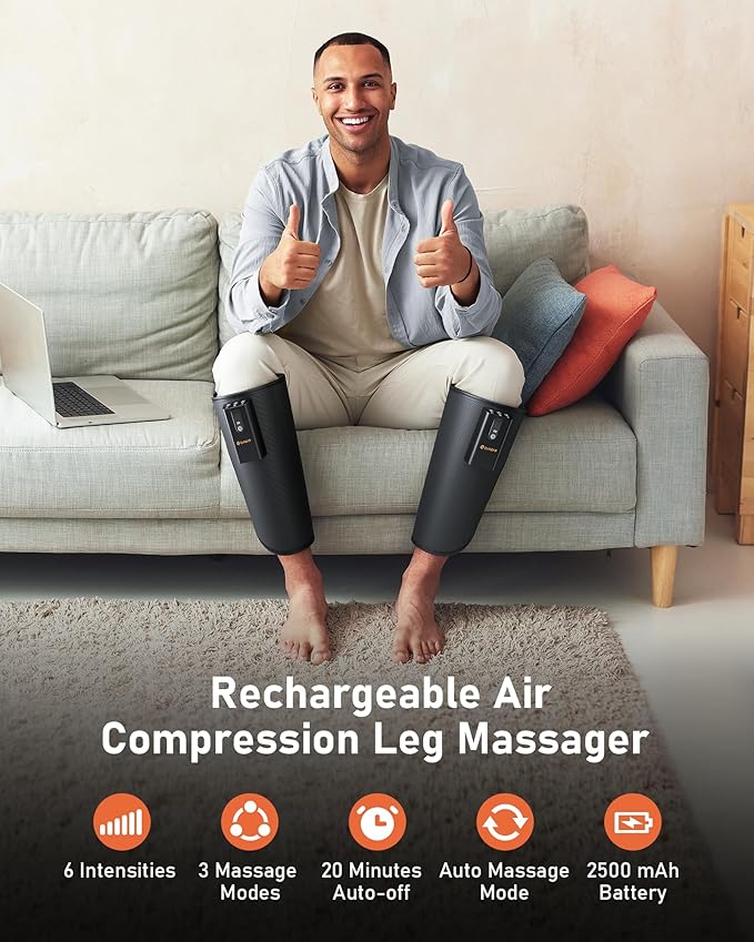 QUINEAR Rechargeable Calf Massager with Air Compression, Leg Massager for Circulation and Pain Relief, Portable Leg Massager with 6 Intensities & 3 Modes, Fast Recovery for Swelling, Relax for Gym