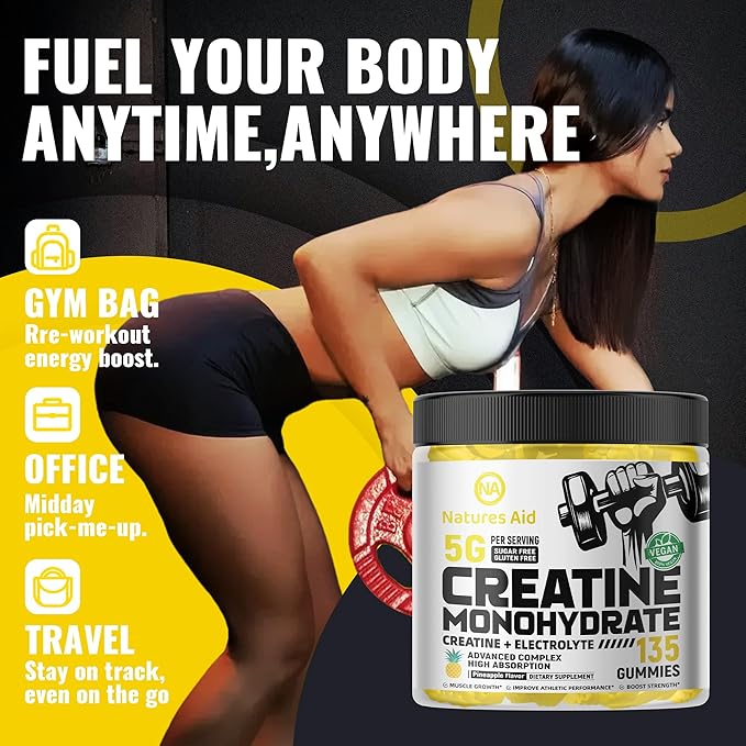 Natures Aid Creatine Monohydrate Gummies (5g) – Pre-Workout Energy & Muscle Growth Support for Men & Women | Pineapple Electrolyte Gummies (135 Count)