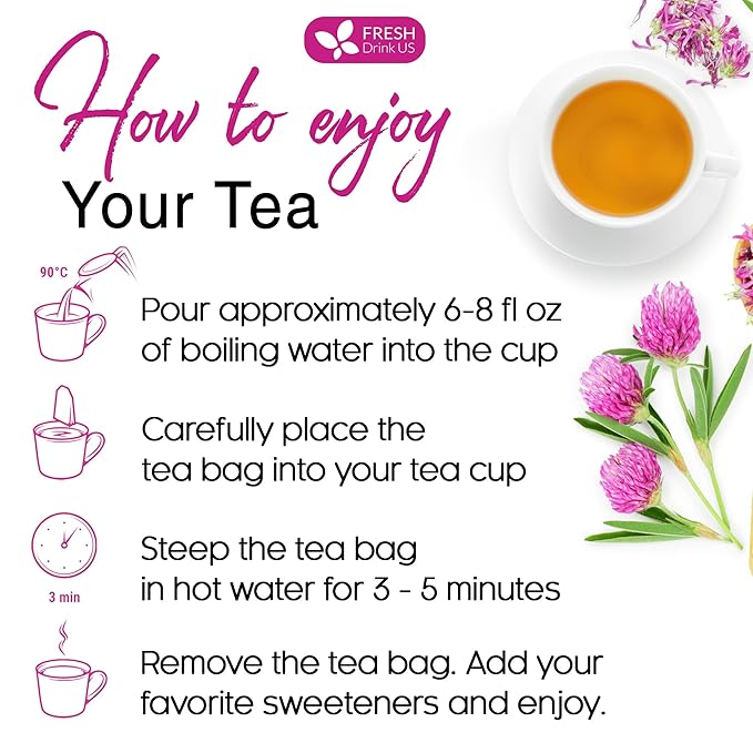 FreshDrinkUS, Premium Red Clover Herbal Teaโ 75 Tea Bags โ Pure โ Naturally Smooth & Mild Flavor โ Premium Quality, Eco-Conscious Packaging. Caffeine-Free. Gluten Free. Vegan