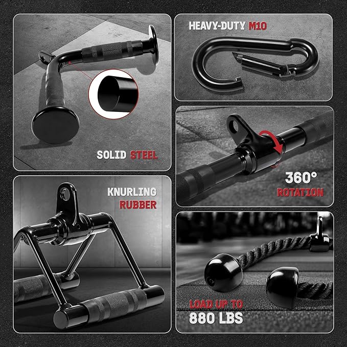 Yes4All Cable Machine Attachment, Double D Hanlde & Tricep Rope Cable Attachment, Weight Machine Accessories Load 880 LB for Home Gym