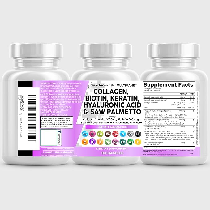Clean Nutraceuticals Collagen Pills 1000mg Biotin 10000mcg Keratin Saw Palmetto Hyaluronic Acid - Hair Skin & Nails Vitamins & DHT Blocker with Vitamin E Folic Acid Pumpkin Seed MSM - 90 Count