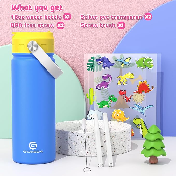 18oz Kids Water Bottle, Insulated Water Bottles with Stickers, 18/8 Stainless Steel Vacuum Leak Proof Straw Cup for School, Gifts for Boys Girls(Yellow,Blue)