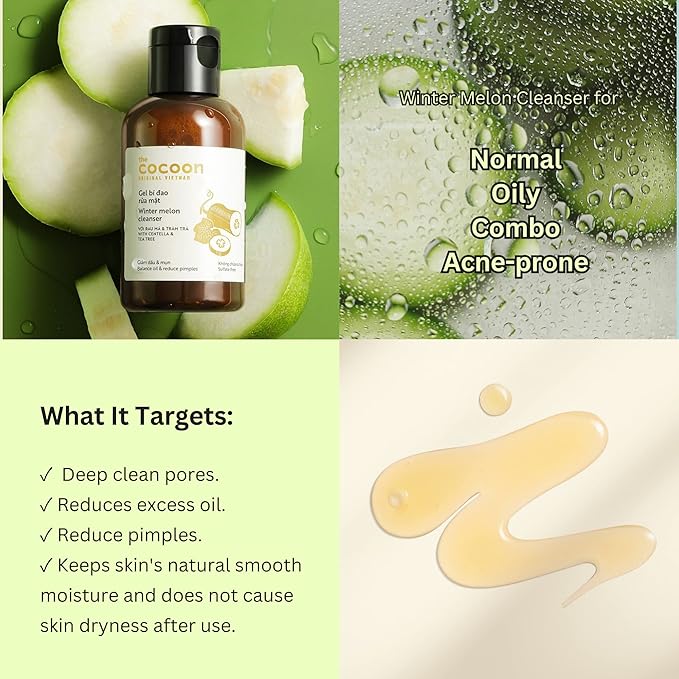 Cocoon Winter Melon Cleanser with Centella, Tea Tree to Purify Pores, Remove Excess Oil & Dirt – Non-Drying, Hydrating Face Wash with Gentle Gel, For All Skin Types, Vegan, Cruelty Free (10.48 fl oz)