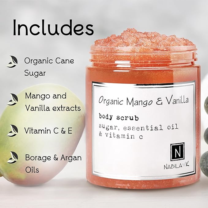 Organic Mango & Vanilla Body Scrub Made in USA with Essential Oil and Vitamin C by Nabila K - Exfoliate and Moisturize for Smooth Skin - Luxury for Women & Men, 10 oz