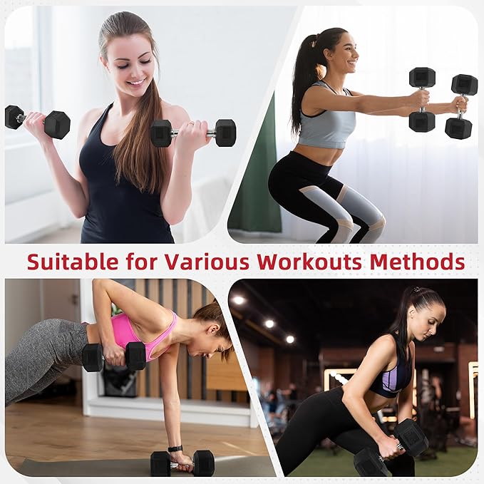 Rubber Encased Hex Weights Dumbbells Set of 5 – 50 lb Pair | Cast Iron Hand Weights with Anti-Slip Grip for Home Gym Strength Training
