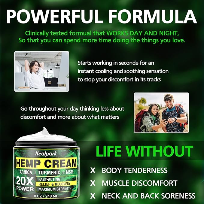 Natural Hemp Cream 8 fl oz - Arnica,MSM, Turmeric, Emu Oil, Menthol, Aloe