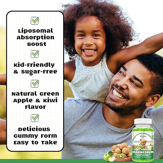 Liposomal Kids Magnesium Gummies- Magnesium Glycinate Gummies for Kids Supplement-w/Omega-3, Vitamin B6, D3- Support Calm Stress Relief, Bones, Mood, Green Apple & Kiwi Flavor, 60 Count