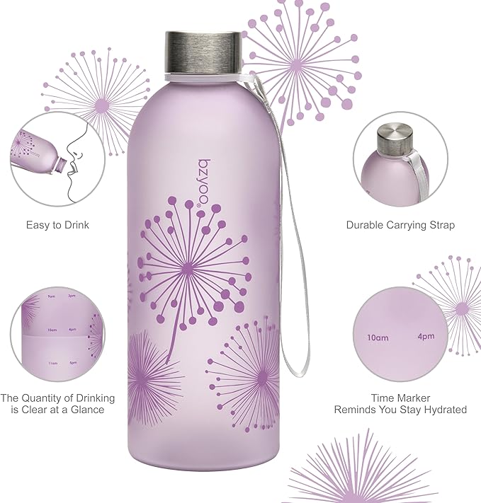 bzyoo 32oz 1 Liter Clear Water Bottle with Time Marker, Dandelion Design, Durable Plastic, BPA-Free, Reusable with Measurement Markings for Fitness and Outdoor Activities (Color: Purple)