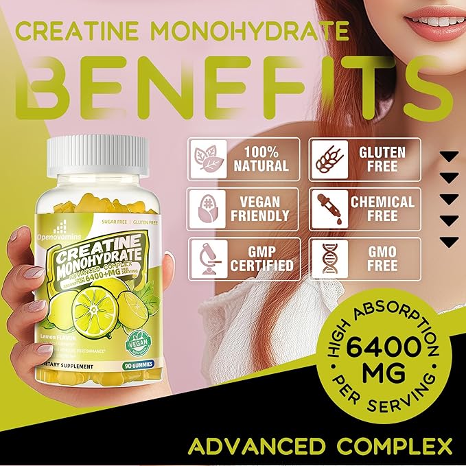 Creatine Monohydrate Gummies Complex for Men & Women -Advanced Formula W/L-Taurine + Vitamin B12, Sugar Free Chewable Supplement,90 Lemon Gummies