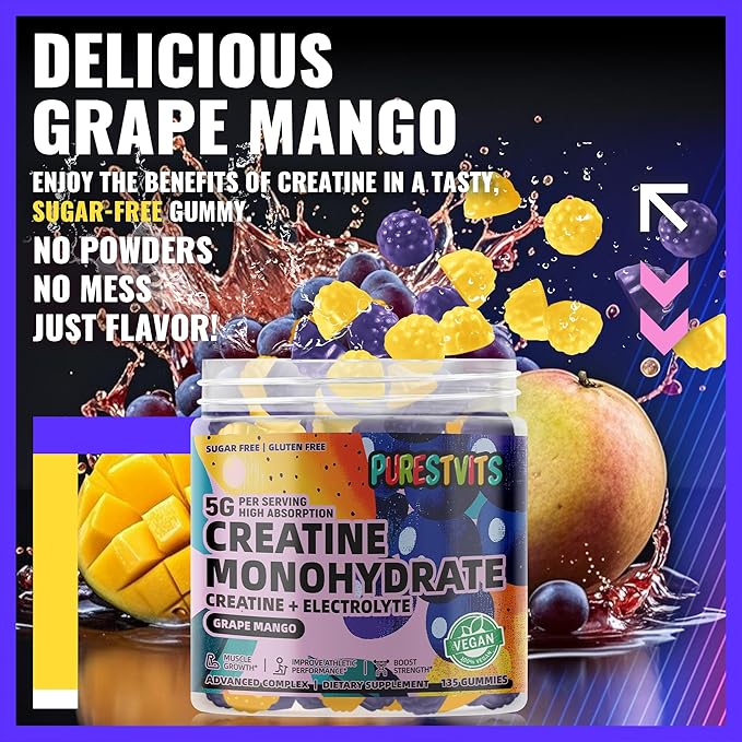 Creatine Monohydrate Gummies (5g) – Pre-Workout Energy & Muscle Growth Support for Men & Women | Grape Mango Electrolyte Gummies (135 Count)