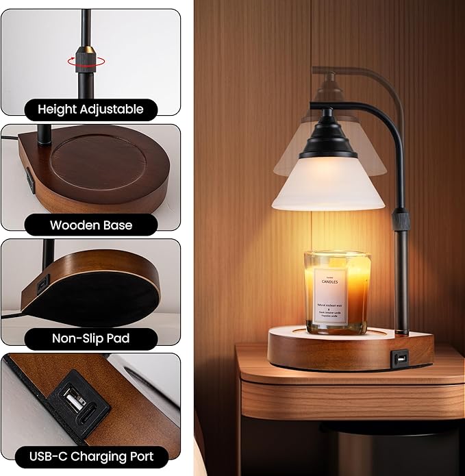 Candle Warmer Lamp New Modern Teardrop Style (4 Bulbs, Dimmer/Timer, Adjustable Pole, USB A&C Charging Ports)-Soft Brightness-Creates Ambience-Giftbox Included
