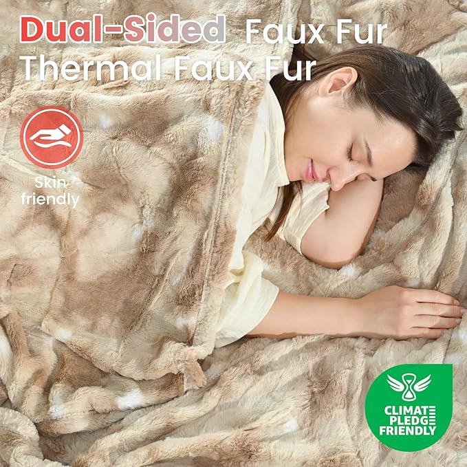 Sunable Heated Electric Blanket - Machine Washable Blanket with Time Settings 10 Heat Settings Twin Size 62×84 inches Beige - Faux Fur