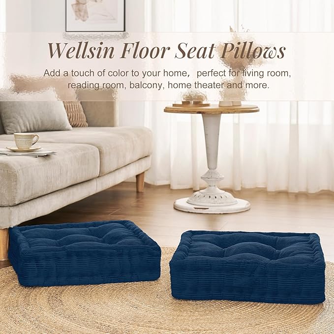 Square Floor Pillows for Adults Kids - Meditation Floor Pillow Seating Cushion - Tufted Floor Cushion with Shredded Foam & Velvet Cover, 1 Pack, 20x20 Inch, Dark Blue