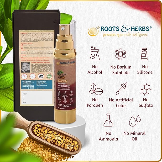 ROOTS AND HERBS Ayurvedic Skin Nectar Natural Treatment 100% For Hydrated and Glowing Skin Vegan Fenugreek Skin Food Serum and Moisturiser for Face and Neck, 1.01oz