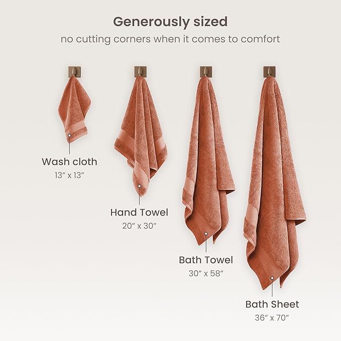 BIOWEAVES 100% Organic Cotton 700 GSM Plush 6-Piece Premium Towel Set GOTS Certified, 2 Bath Towels, 2 Hand Towels & 2 Washcloths - Burnt Orange