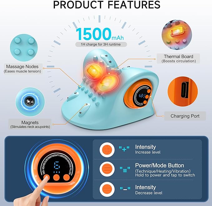 snawowo 3-in-1 Cervical Neck Massager with Heat - Acupoint Shoulder Relaxer Traction Stretcher for Pain Relief, 3 Human-Like Kneading, Heat & Vibration Levels, 360ยฐ Remote, 30ยฐ Design, 15Min Auto Off